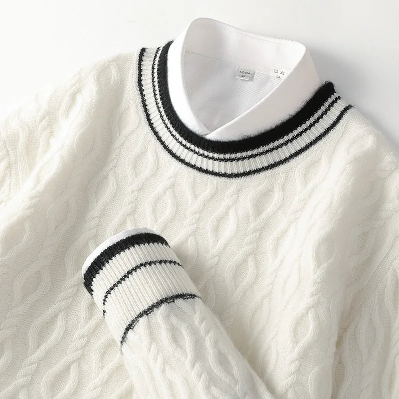 100% pure sweater men's round neck thickened business knitted bottoming shirt youth jacquard sweater for autumn and winter.