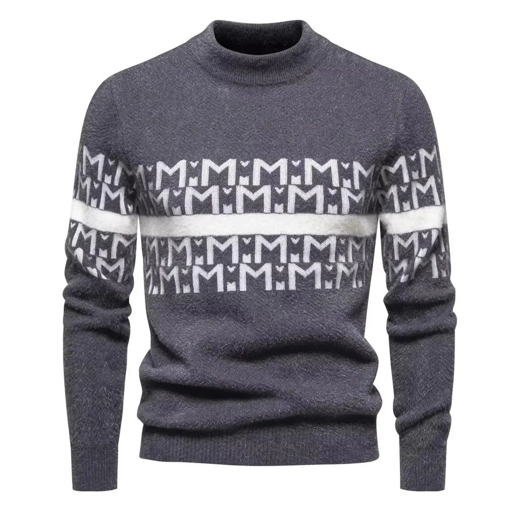 Men's Autumn Winter Knitted Sweater round Neck Warm Inner Wear Loose Cashmere Flower Patterned Top Youth Casual Long Sleeve
