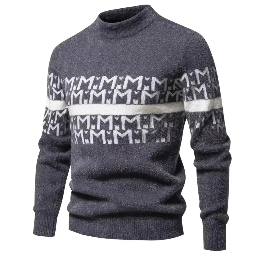 Men's Autumn Winter Knitted Sweater round Neck Warm Inner Wear Loose Cashmere Flower Patterned Top Youth Casual Long Sleeve