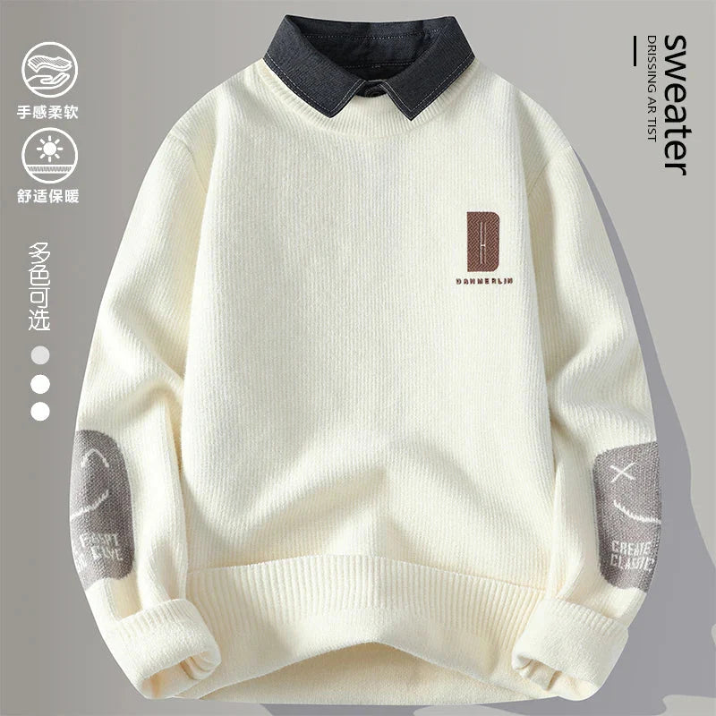 2024 Winter Fashion fake two pieces Sweater Men Casual Knit Pullovers Mens Thick Warm Loose Knitted Sweaters Streetwear Man