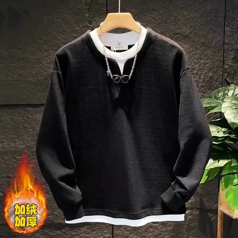 Autumn New Fake Two Piece Men's All-match Pullovers Top Long Sleeve Plus Size Loose Casual Hoodies Fashion Korean Men Clothing