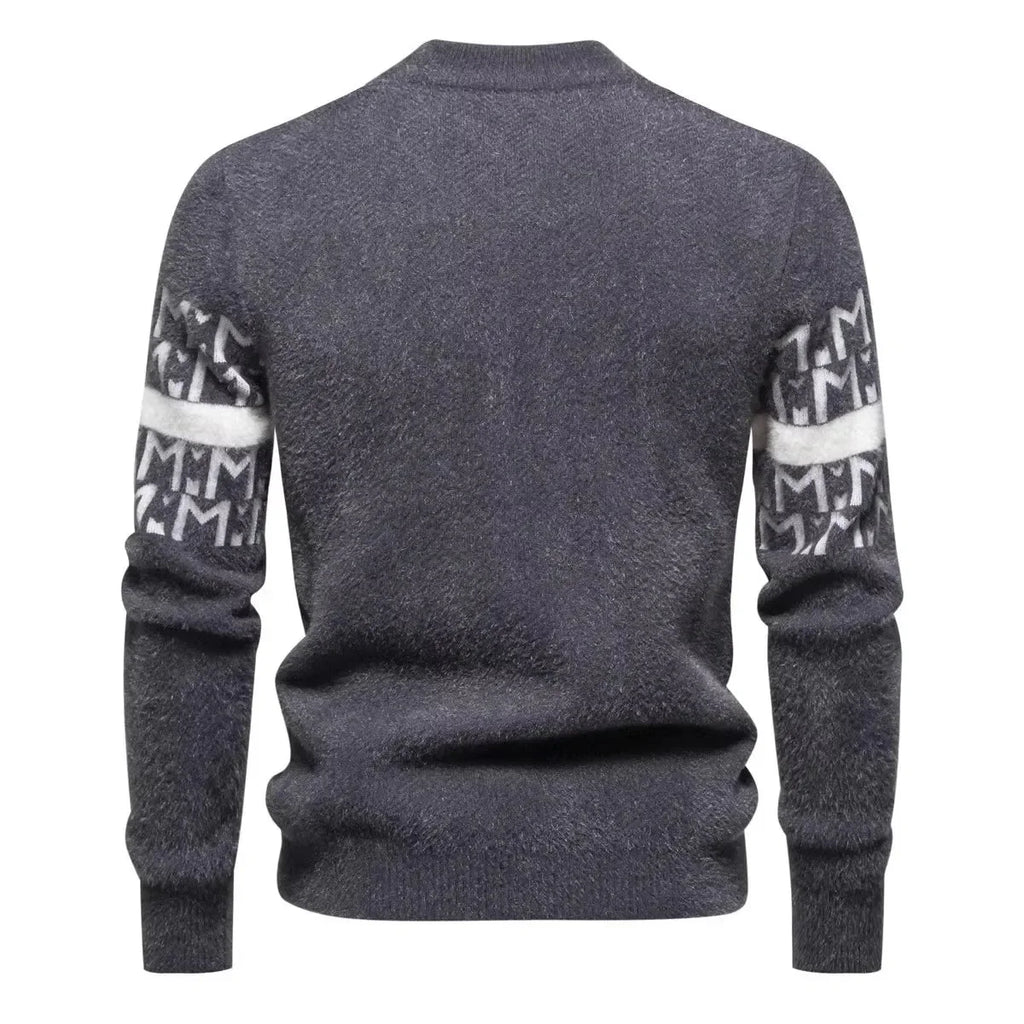 Men's Autumn Winter Knitted Sweater round Neck Warm Inner Wear Loose Cashmere Flower Patterned Top Youth Casual Long Sleeve