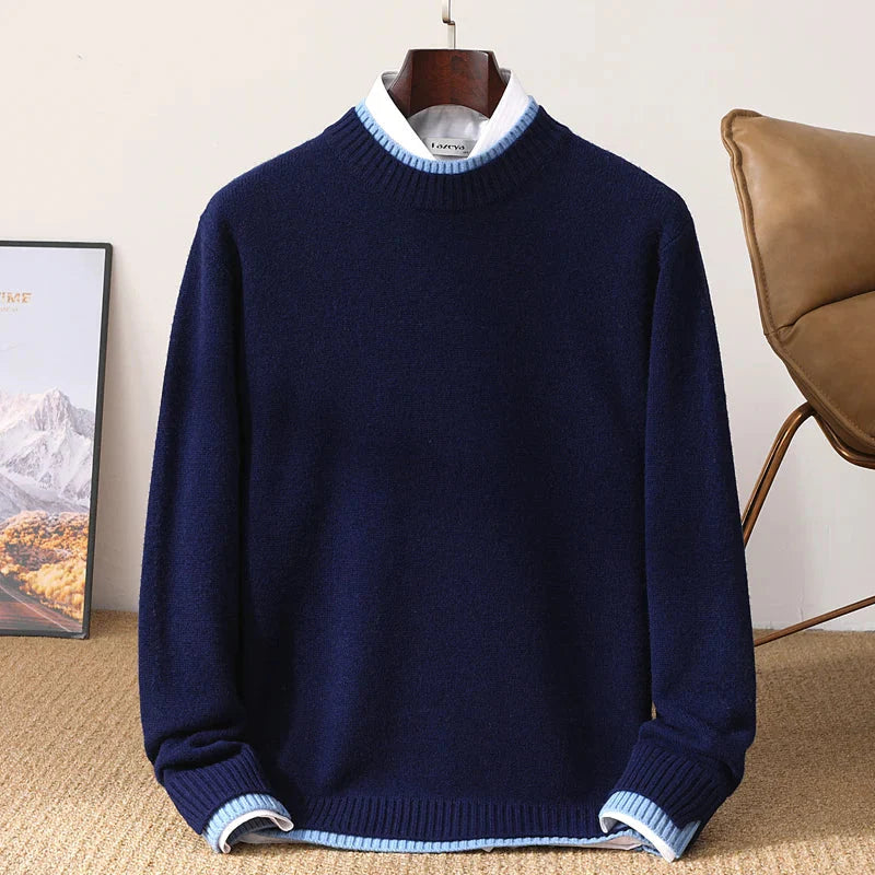 Thickened 100% pure wool men's semi-high neck autumn and winter new contrast bottoming sweater business warm coat.