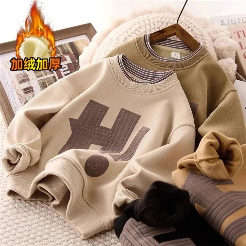 Kids Padded Sweatshirt Winter Autumn Boys Girls Fleece-Lined Thick Warm Pullover Teen Casual Cotton Jackets 5-14 Year