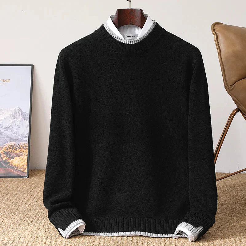 Thickened 100% pure wool men's semi-high neck autumn and winter new contrast bottoming sweater business warm coat.