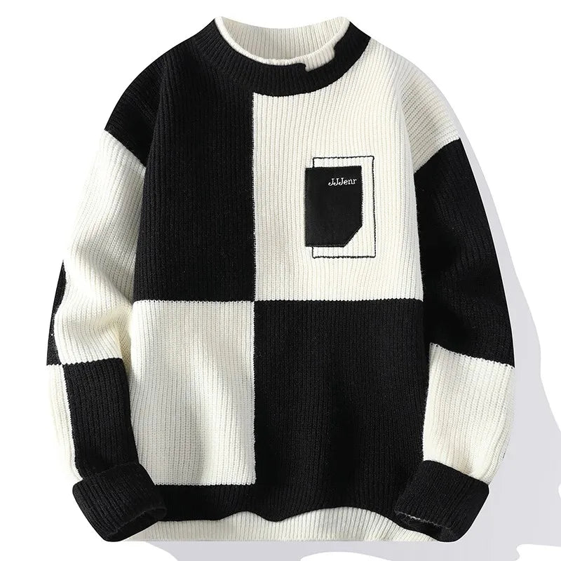 Men's Knitted Sweater O-Neck Loose Pullover Contrast Letter Warm Casual Fashion Autumn and Winter Elegant Commuting Knitwear