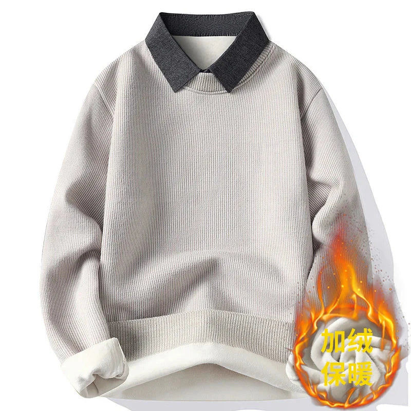 Men's Fashionable Turn-Down Collar Sweater, Stylish Autumn and Winter Men's Fake Two-Piece Knitted Versatile Shirt Collar Thick