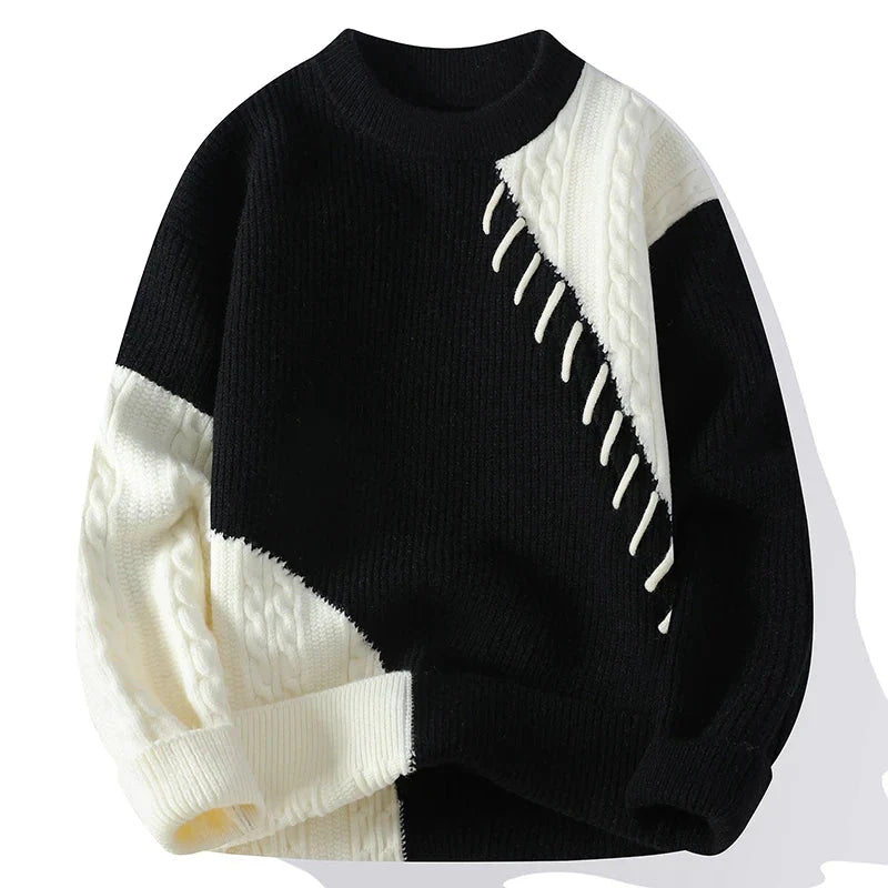 Vintage Color Block Oversized Sweater Streetwear Men's Autumn Winter Casual Cable Knit Sweater Warm Contrast Stitch Base Layer