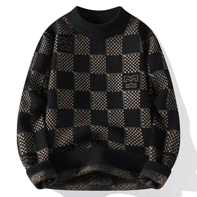 New Checkered Knitted Sweater American 2024 Trendy Men's Tops Classic Autumn Knitted Hoodie Fashionable Slimming Harajuku