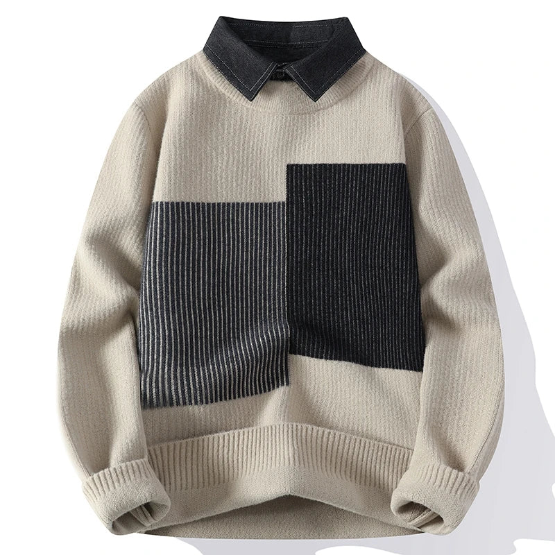 Autumn Winter Men's Clothing Turn-down Collar Pullover Striped Patchwork Long Sleeve Fake Two Pieces Sweater Knitted Tops