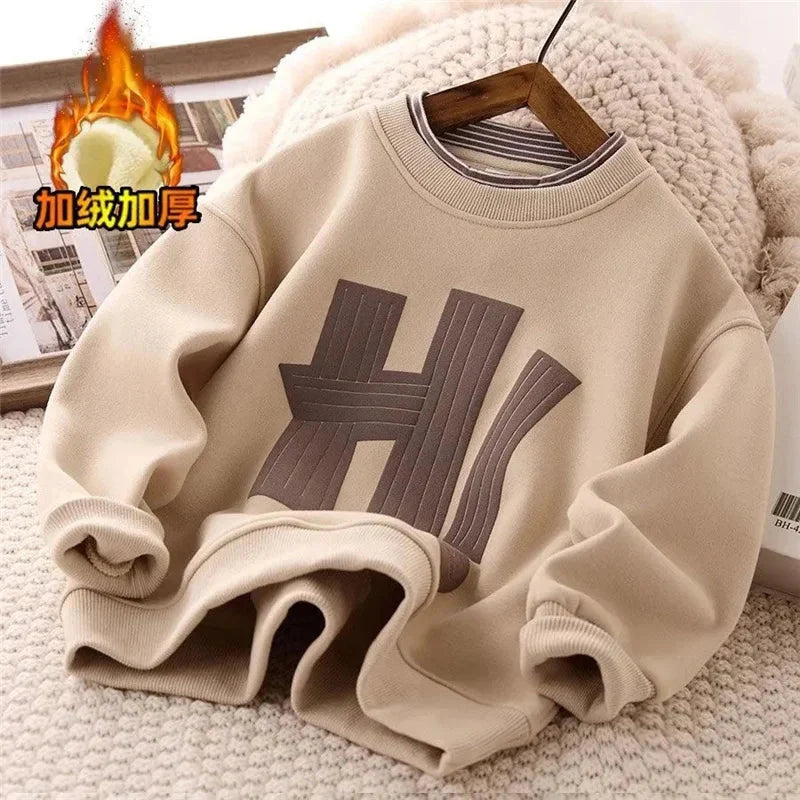 Kids Padded Sweatshirt Winter Autumn Boys Girls Fleece-Lined Thick Warm Pullover Teen Casual Cotton Jackets 5-14 Year