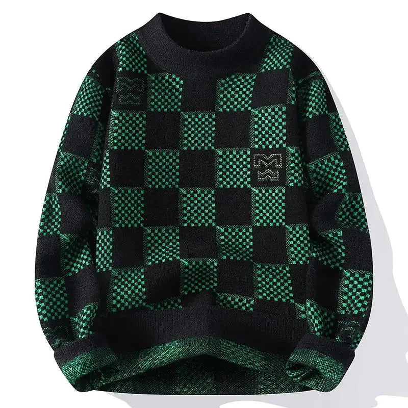 New Checkered Knitted Sweater American 2024 Trendy Men's Tops Classic Autumn Knitted Hoodie Fashionable Slimming Harajuku