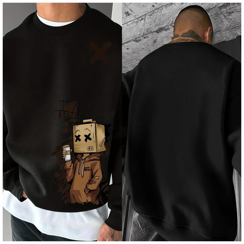 New men's autumn fashion cartoon letter print comfortable soft long sleeved sweatshirt outdoor urban pullover