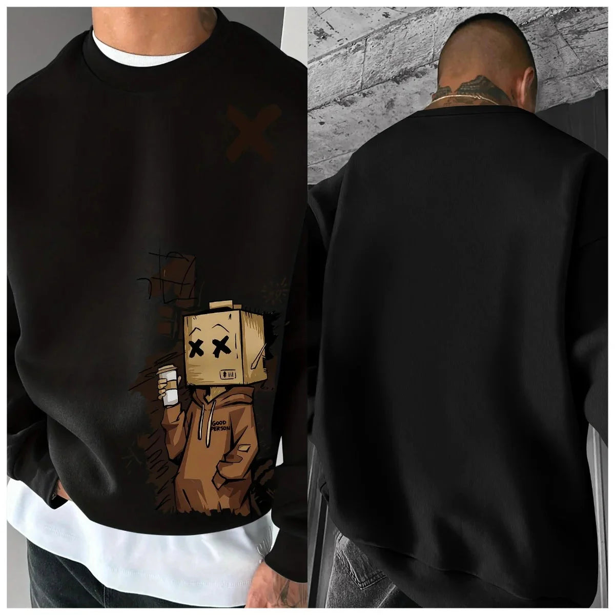 New men's autumn fashion cartoon letter print comfortable soft long sleeved sweatshirt outdoor urban pullover
