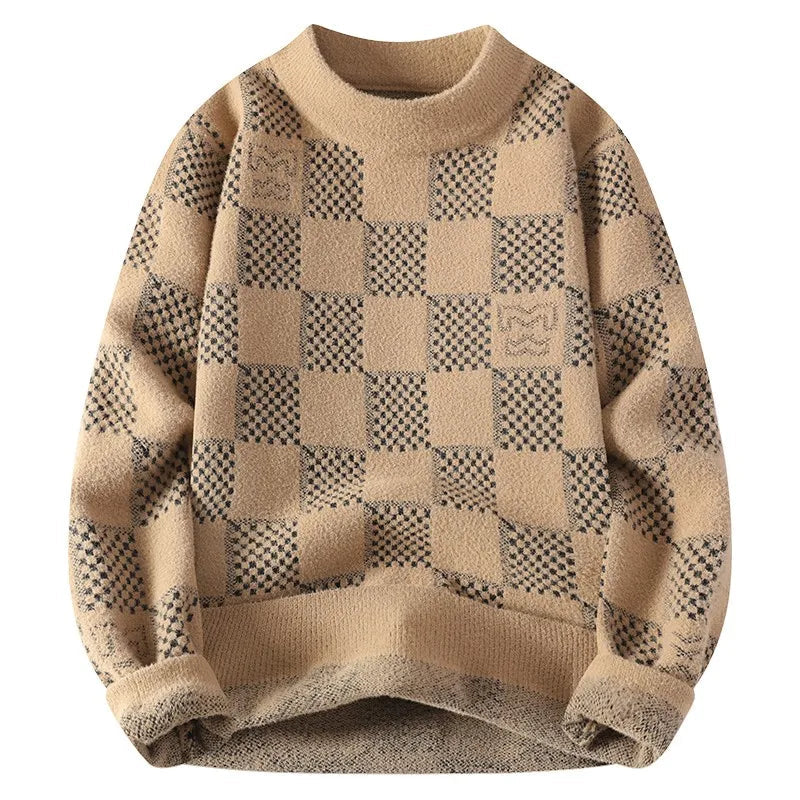 New Checkered Knitted Sweater American 2024 Trendy Men's Tops Classic Autumn Knitted Hoodie Fashionable Slimming Harajuku