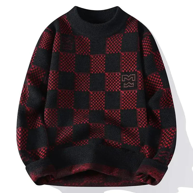 New Checkered Knitted Sweater American 2024 Trendy Men's Tops Classic Autumn Knitted Hoodie Fashionable Slimming Harajuku