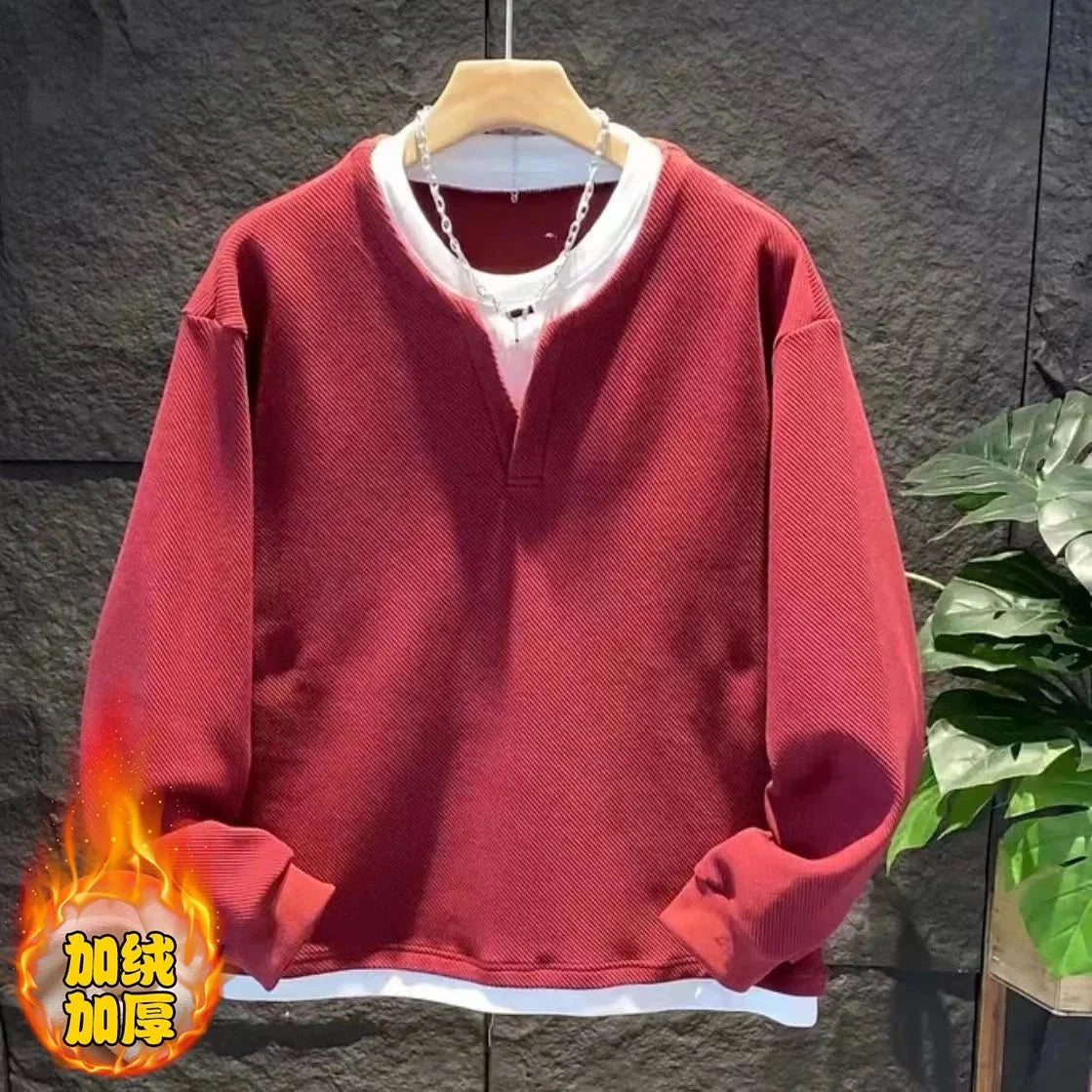 Autumn New Fake Two Piece Men's All-match Pullovers Top Long Sleeve Plus Size Loose Casual Hoodies Fashion Korean Men Clothing