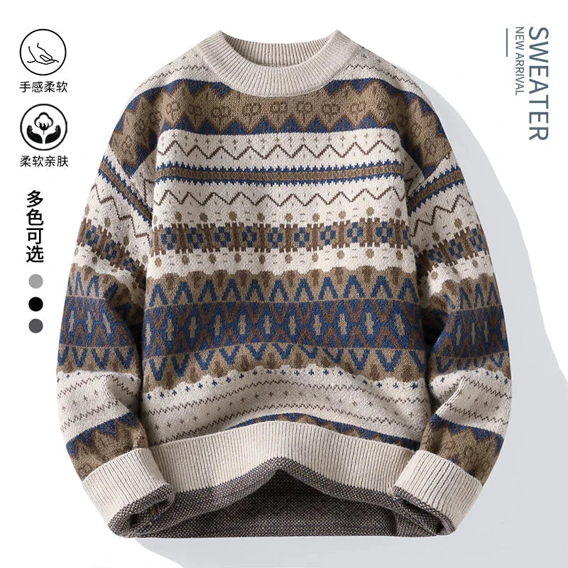 2025 autumn and winter new men's high-quality thickened ethnic style knitted round neck sweater base sweater pullover