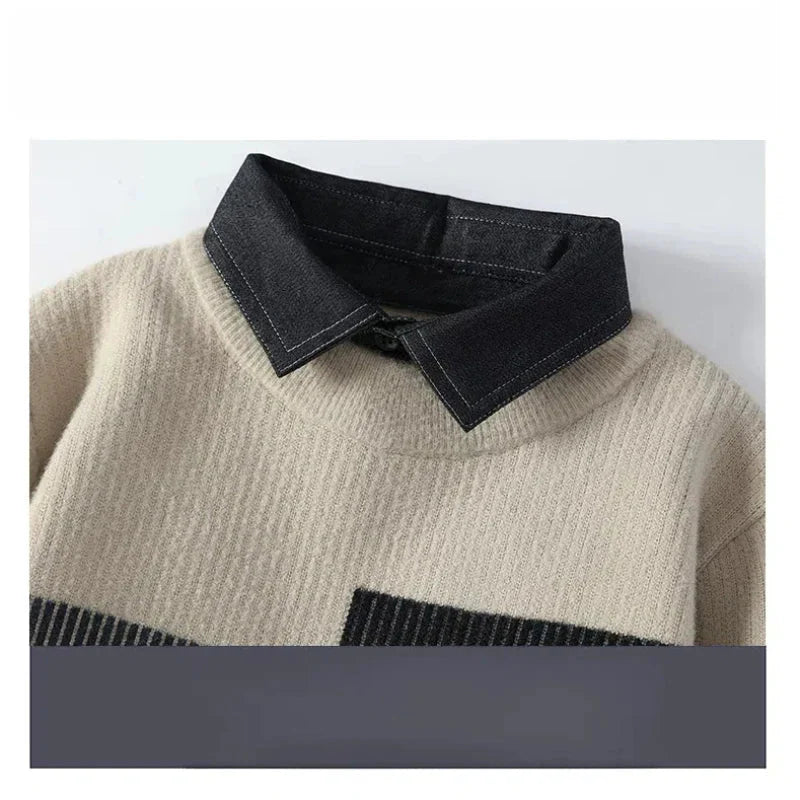 Autumn Winter Men's Clothing Turn-down Collar Pullover Striped Patchwork Long Sleeve Fake Two Pieces Sweater Knitted Tops