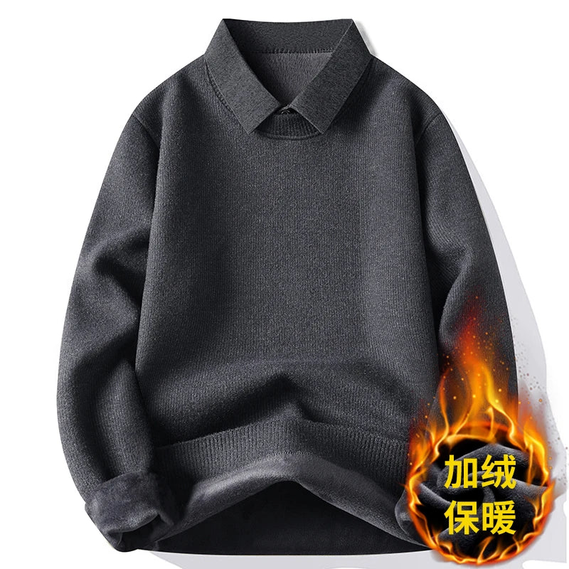 Men's Fashionable Turn-Down Collar Sweater, Stylish Autumn and Winter Men's Fake Two-Piece Knitted Versatile Shirt Collar Thick