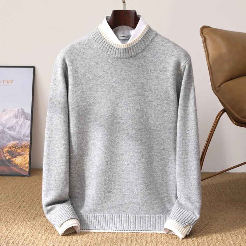 Thickened 100% pure wool men's semi-high neck autumn and winter new contrast bottoming sweater business warm coat.
