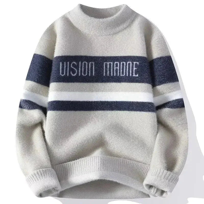 Autumn/Winter Thickened Sweater Men's Trendy Loose-Fit Japanese Knitted Top Winter Hong Kong Style Casual Line Clothes Jacket Ko