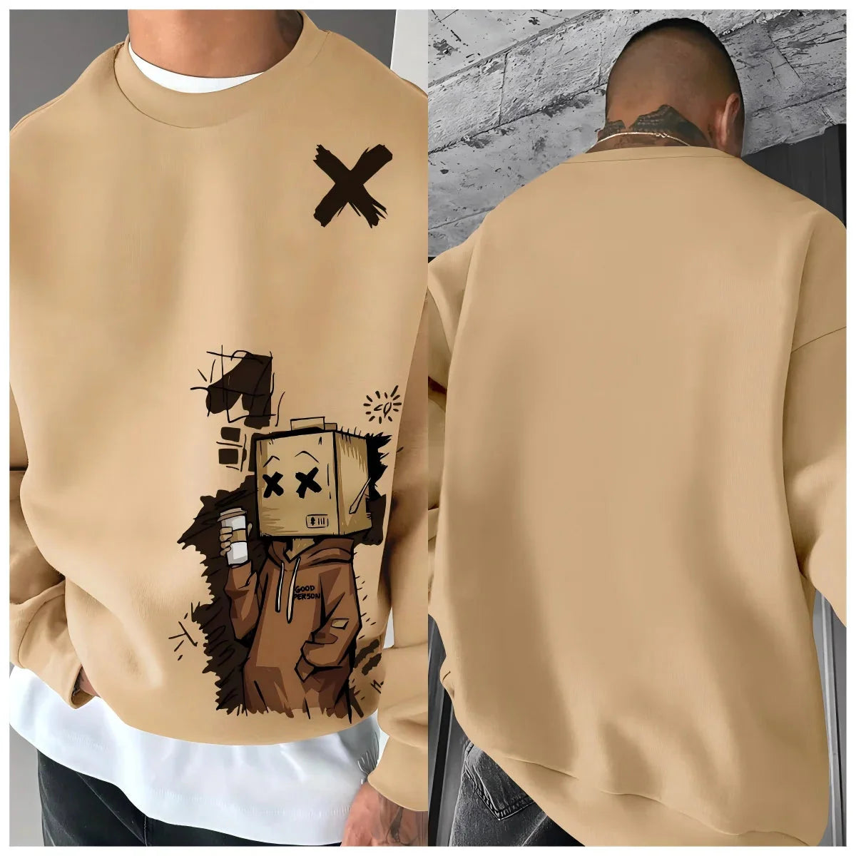 New men's autumn fashion cartoon letter print comfortable soft long sleeved sweatshirt outdoor urban pullover