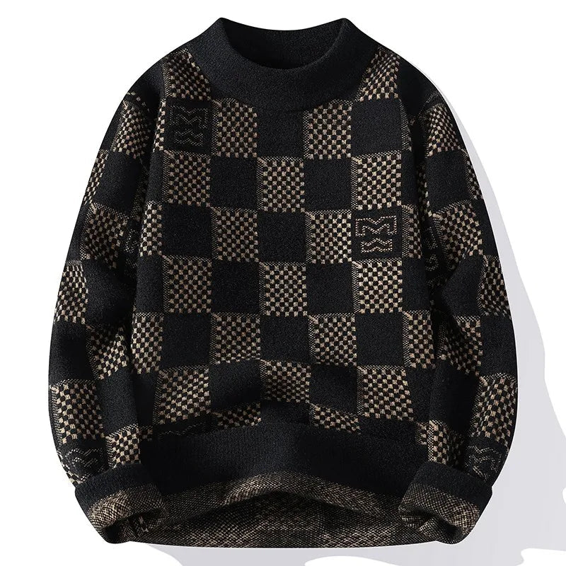 New Checkered Knitted Sweater American 2024 Trendy Men's Tops Classic Autumn Knitted Hoodie Fashionable Slimming Harajuku