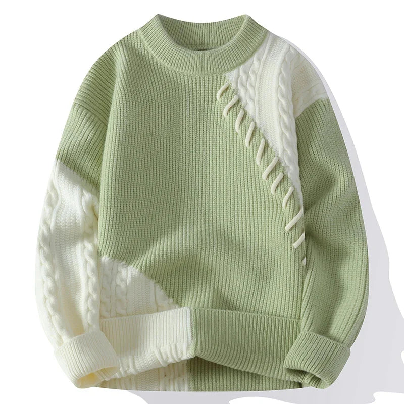 Vintage Color Block Oversized Sweater Streetwear Men's Autumn Winter Casual Cable Knit Sweater Warm Contrast Stitch Base Layer