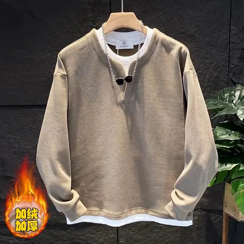 Autumn New Fake Two Piece Men's All-match Pullovers Top Long Sleeve Plus Size Loose Casual Hoodies Fashion Korean Men Clothing