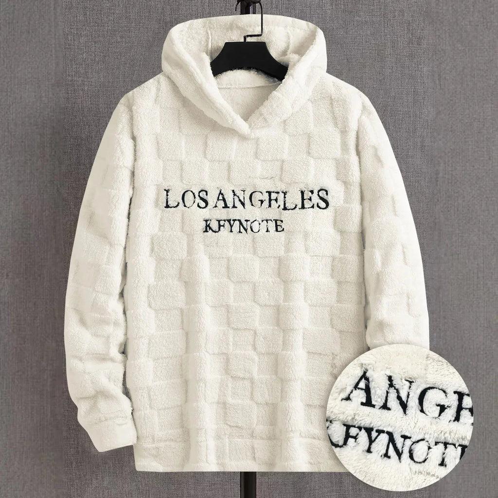 Men's autumn and winter thickened hooded plush pullover, with embroidered letter prints, suitable for outdoor activities