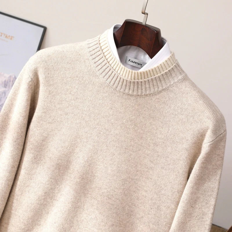Thickened 100% pure wool men's semi-high neck autumn and winter new contrast bottoming sweater business warm coat.
