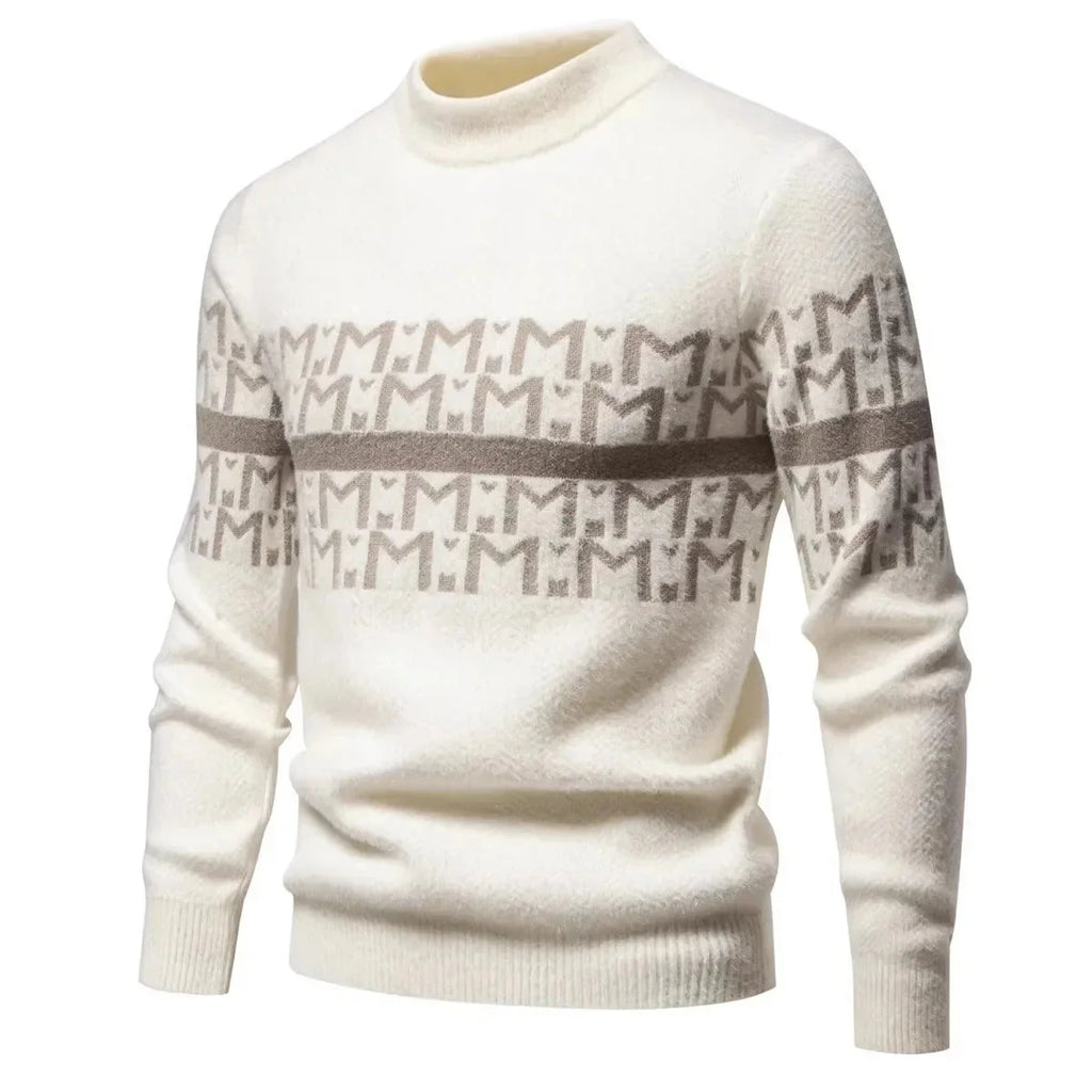 Men's Autumn Winter Knitted Sweater round Neck Warm Inner Wear Loose Cashmere Flower Patterned Top Youth Casual Long Sleeve