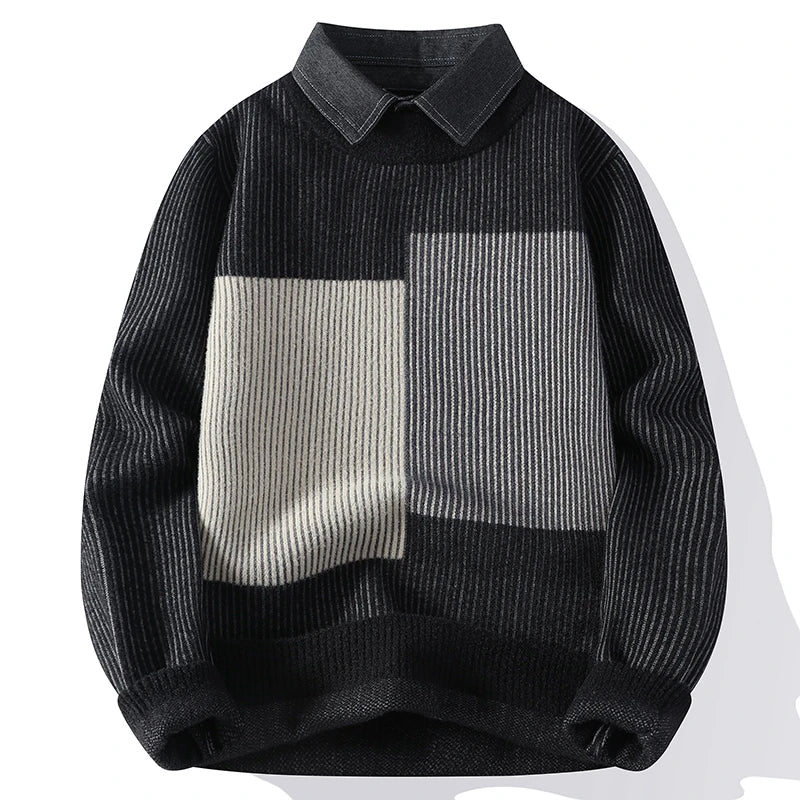 Autumn Winter Men's Clothing Turn-down Collar Pullover Striped Patchwork Long Sleeve Fake Two Pieces Sweater Knitted Tops