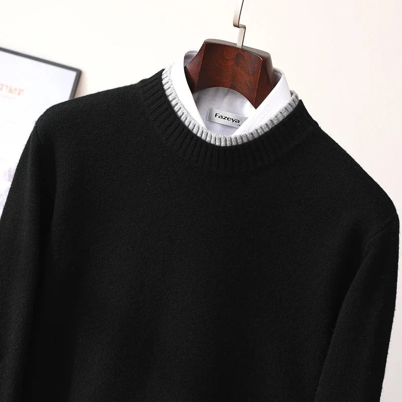 Thickened 100% pure wool men's semi-high neck autumn and winter new contrast bottoming sweater business warm coat.