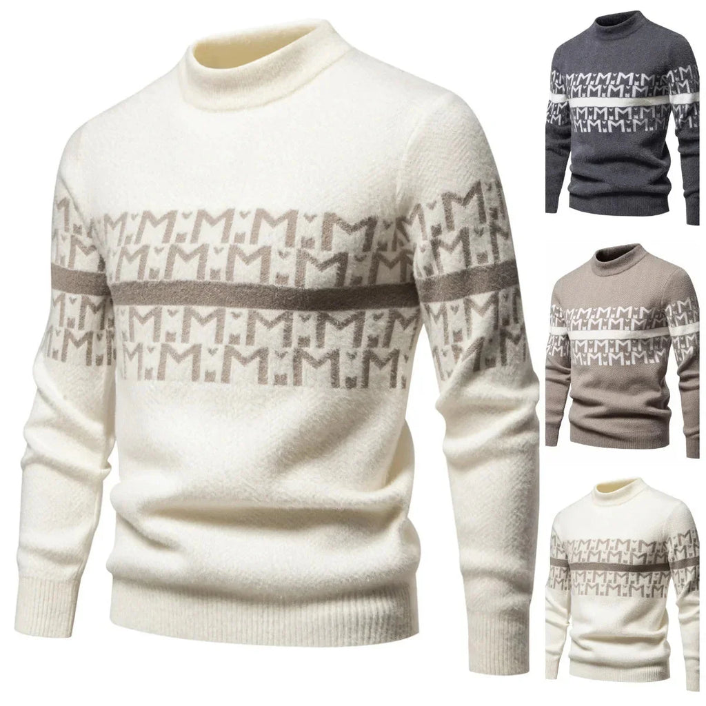 Men's Autumn Winter Knitted Sweater round Neck Warm Inner Wear Loose Cashmere Flower Patterned Top Youth Casual Long Sleeve