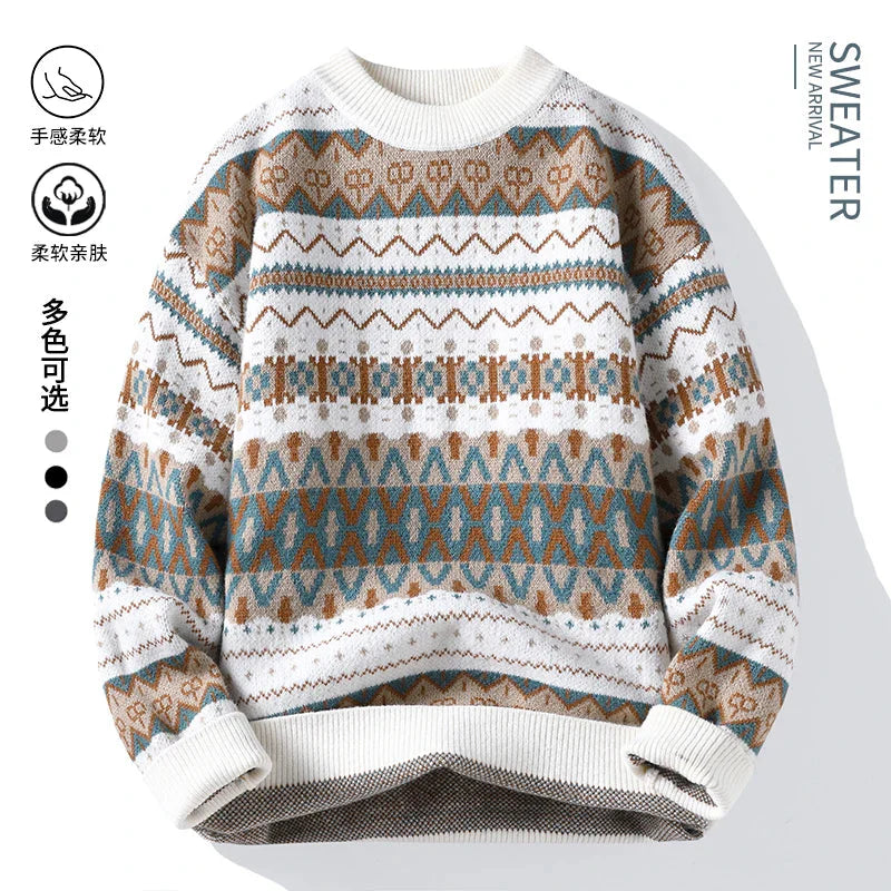2025 autumn and winter new men's high-quality thickened ethnic style knitted round neck sweater base sweater pullover