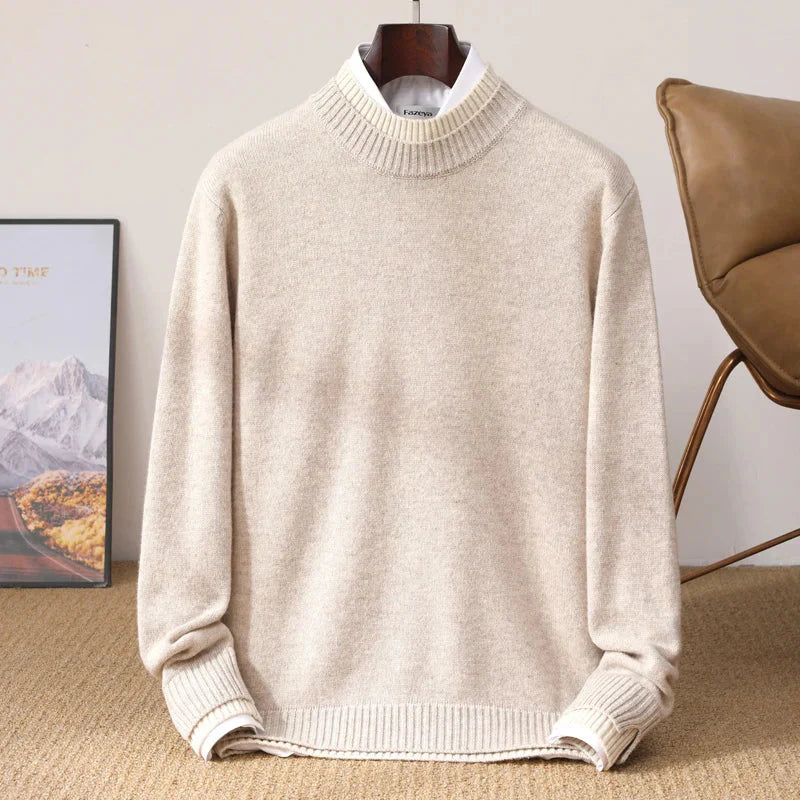 Thickened 100% pure wool men's semi-high neck autumn and winter new contrast bottoming sweater business warm coat.