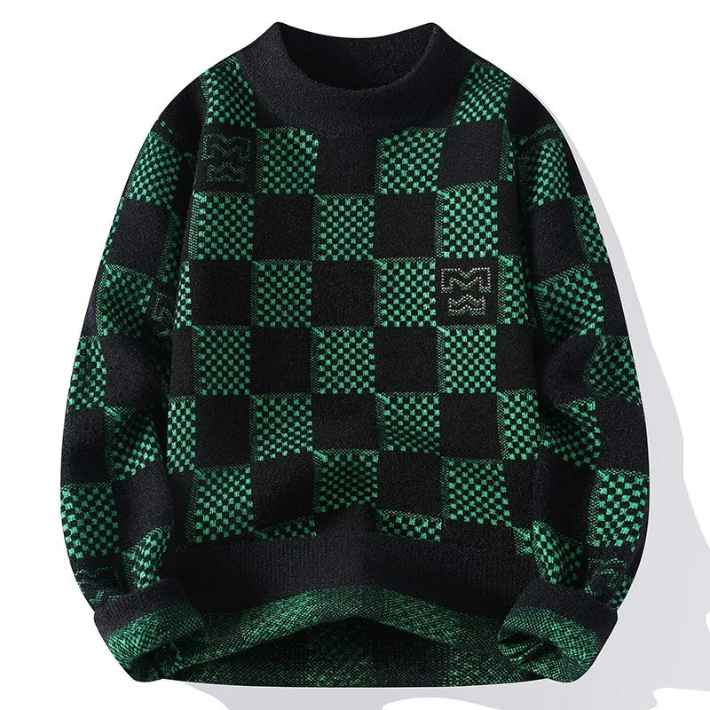 New Checkered Knitted Sweater American 2024 Trendy Men's Tops Classic Autumn Knitted Hoodie Fashionable Slimming Harajuku