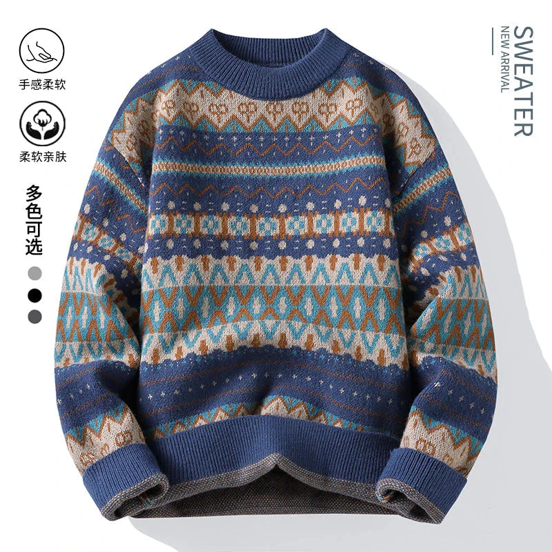 2025 autumn and winter new men's high-quality thickened ethnic style knitted round neck sweater base sweater pullover