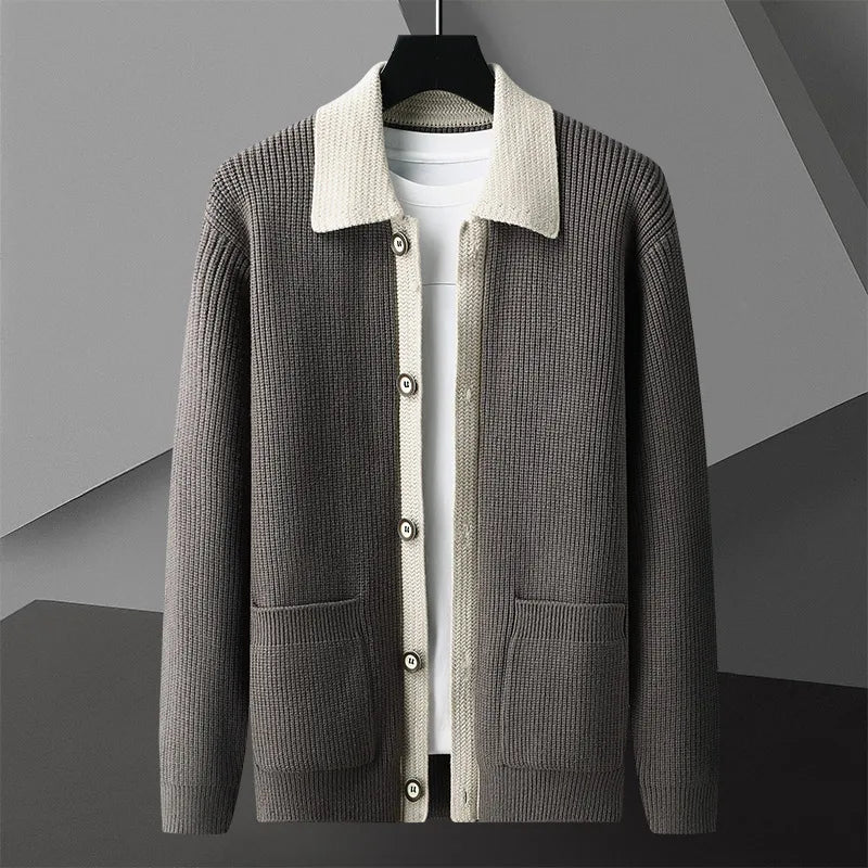 Fashion splicing knitted cardigan men 2024 autumn winter new high-end brand exquisite pocket Korean style popular sweater coat