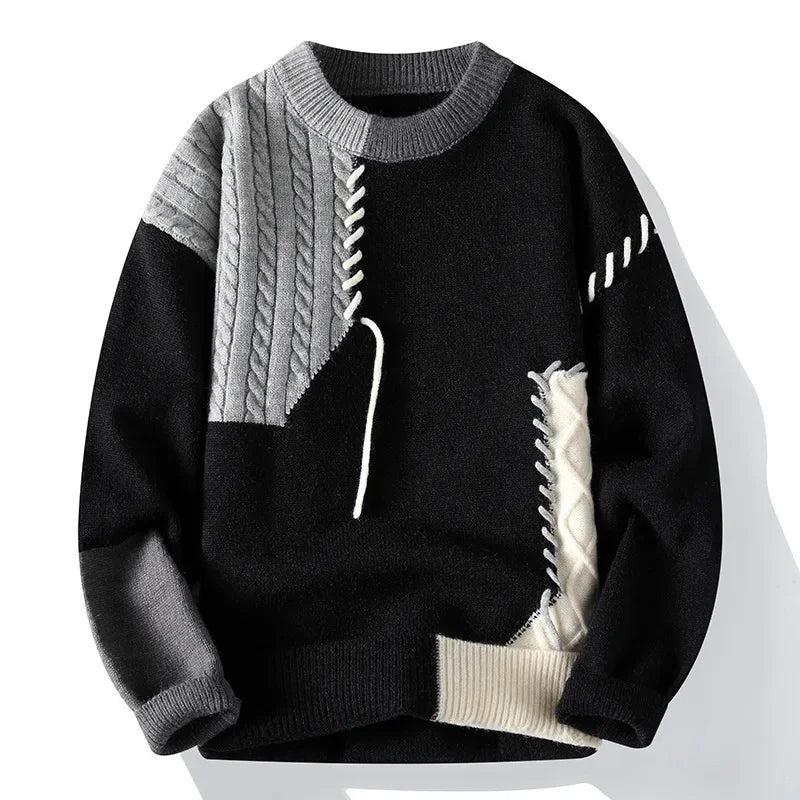 Trendy Knitted Sweater for Men Autumn Winter Casual Crew Neck Pullover Patchwork Design Student Style Teenager Fashion Bottom Li