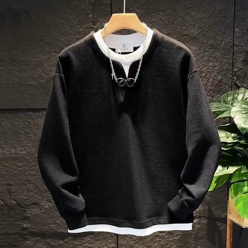 Autumn New Fake Two Piece Men's All-match Pullovers Top Long Sleeve Plus Size Loose Casual Hoodies Fashion Korean Men Clothing