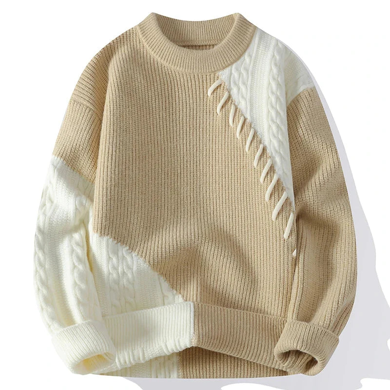 Vintage Color Block Oversized Sweater Streetwear Men's Autumn Winter Casual Cable Knit Sweater Warm Contrast Stitch Base Layer