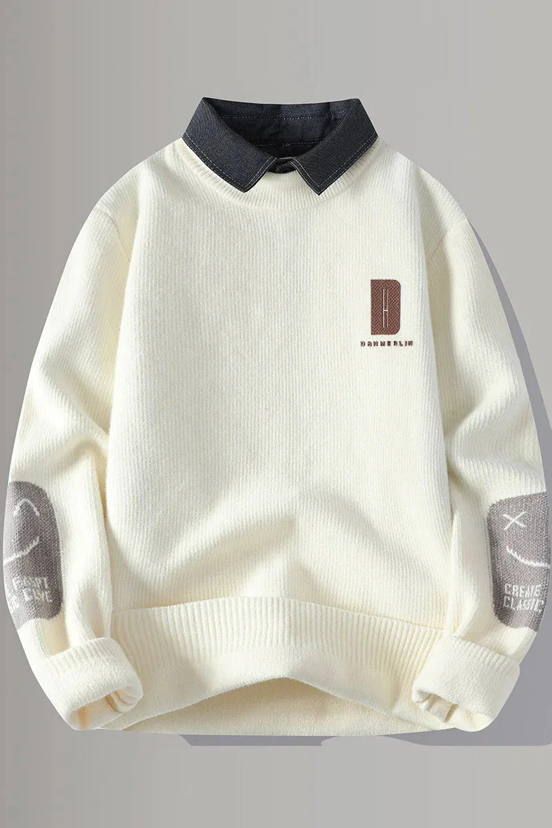 2024 Winter Fashion fake two pieces Sweater Men Casual Knit Pullovers Mens Thick Warm Loose Knitted Sweaters Streetwear Man