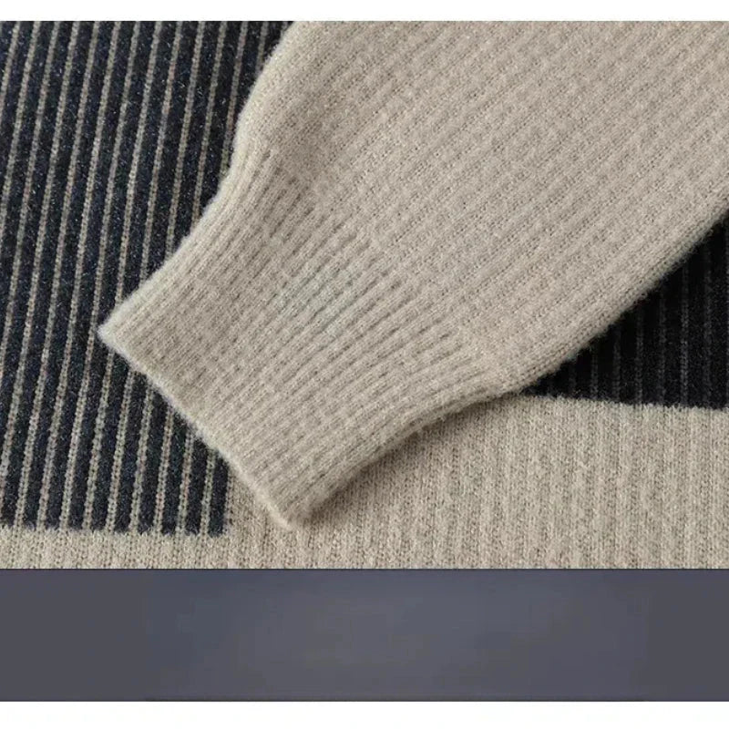 Autumn Winter Men's Clothing Turn-down Collar Pullover Striped Patchwork Long Sleeve Fake Two Pieces Sweater Knitted Tops