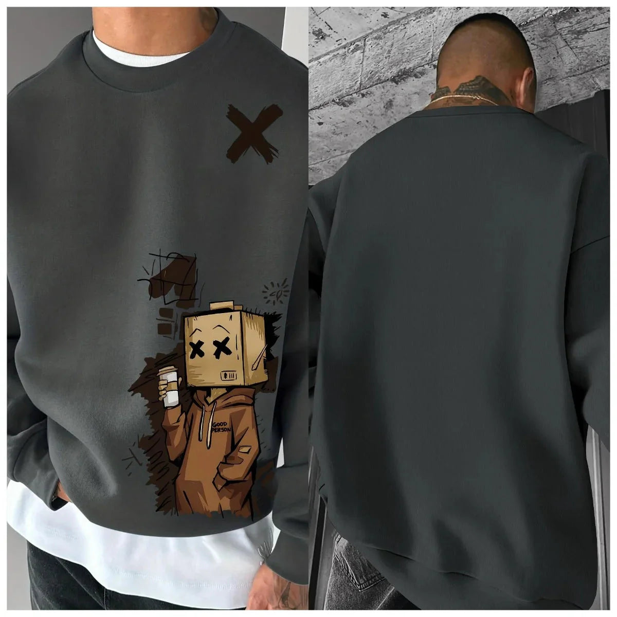 New men's autumn fashion cartoon letter print comfortable soft long sleeved sweatshirt outdoor urban pullover